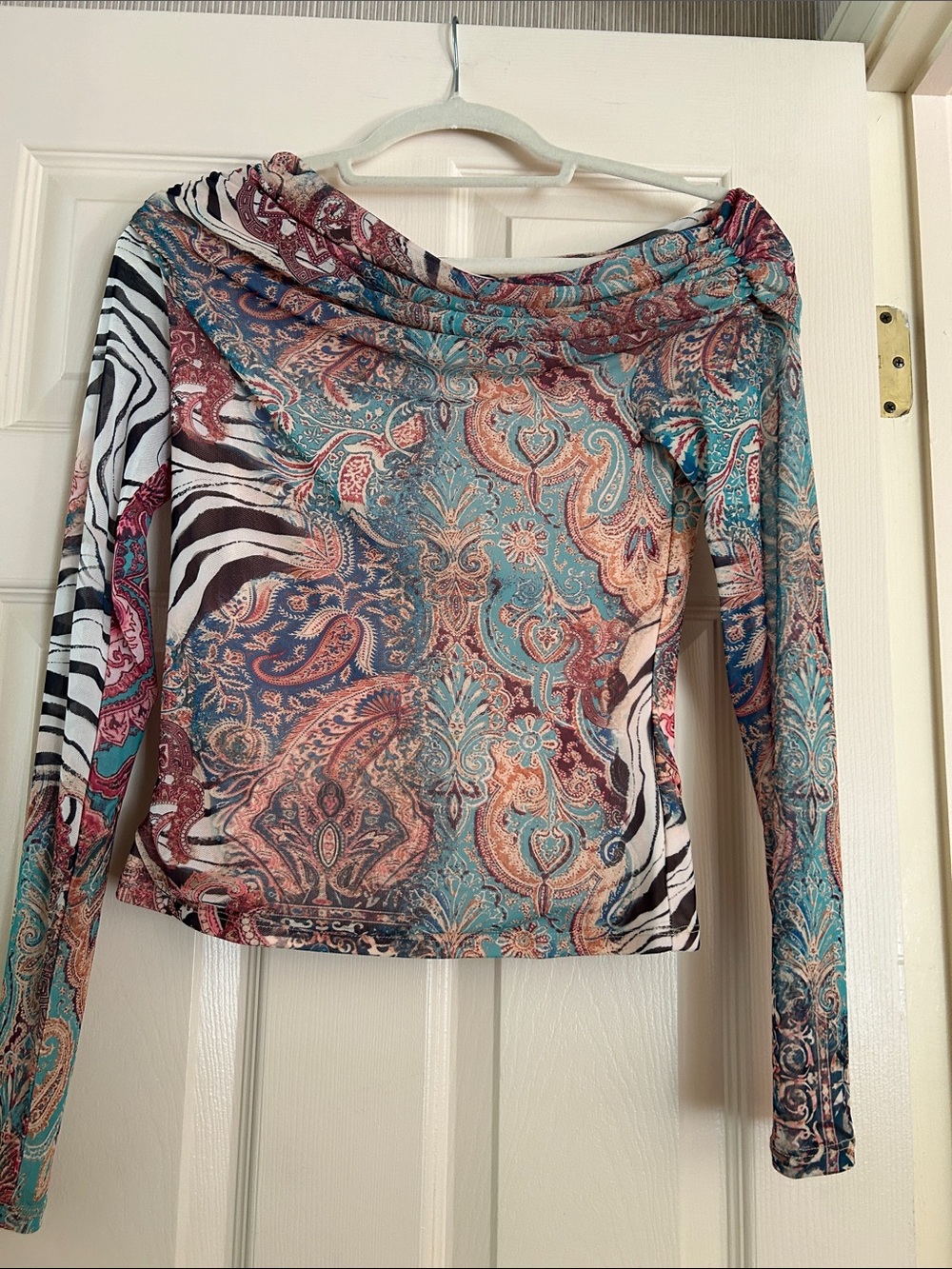 AFRM Mesh Teal Rust Paisley & Zebra On or Off Shoulder Long-Sleeve Top
